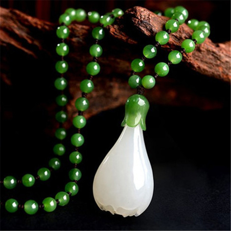 Natural Hetian White Jade Orchid Pendant With Bead..
